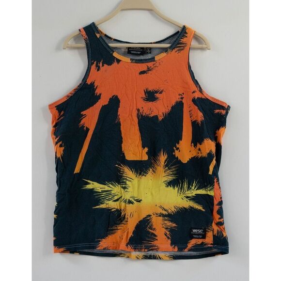 WESC Men's Orange Black Palm Tree Short Sleeve Tank Top T-Shirt Size L - Picture 1 of 5